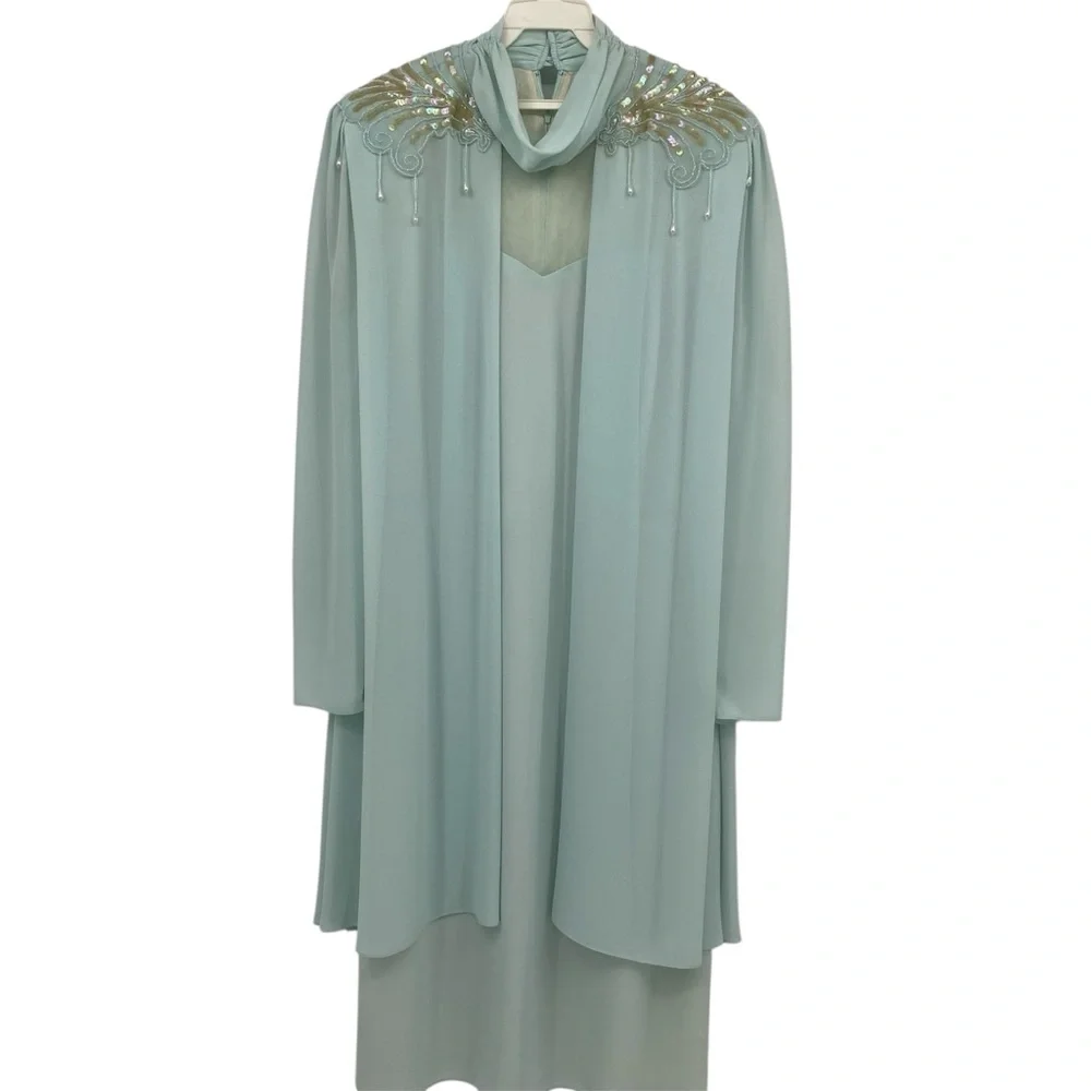 Vintage Ursula of Switzerland Formal Dress Sea Foam Blue Green Mother Of Bride - Picture 1 of 14